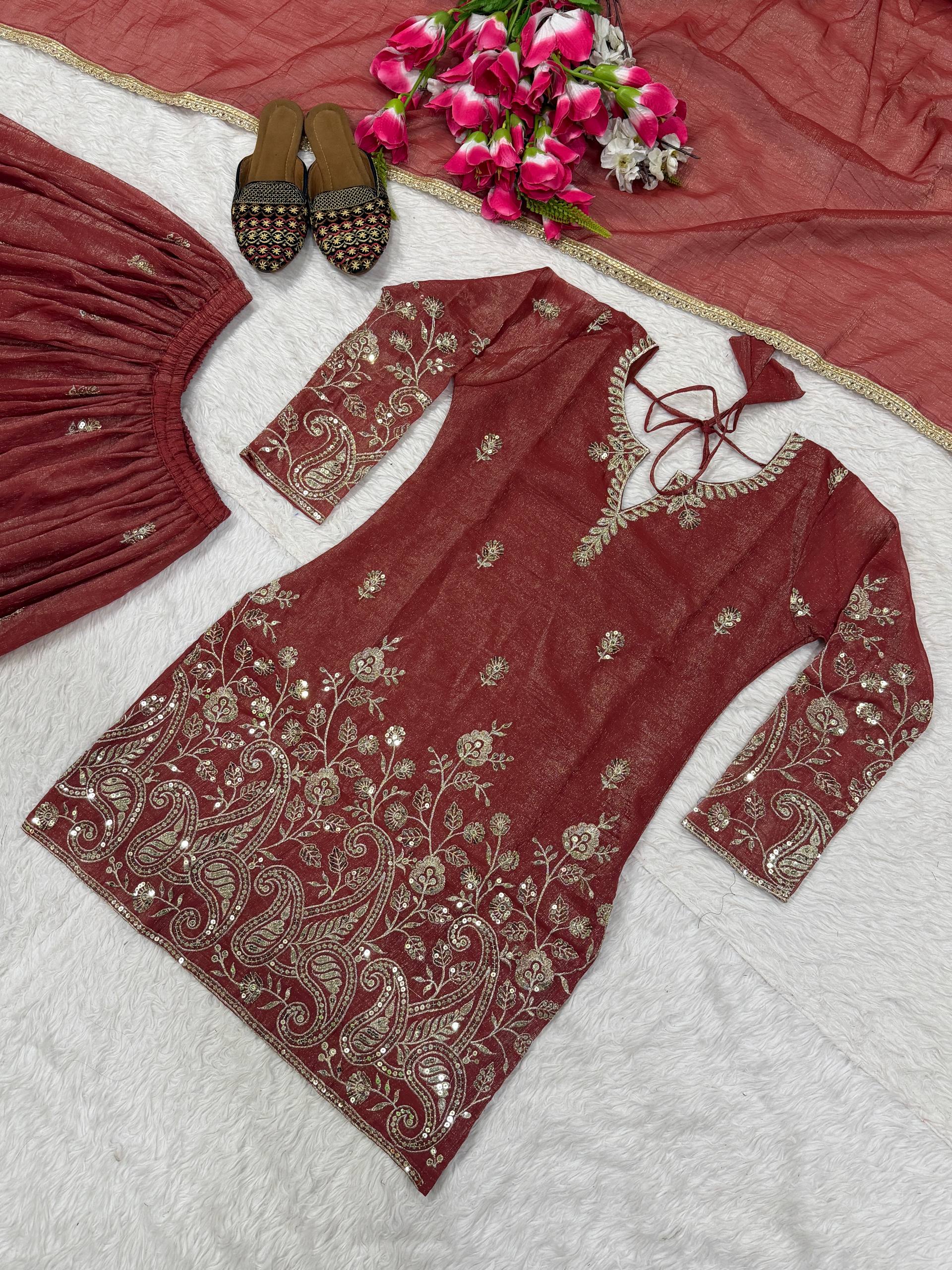 Urban Copper-Red Embroidered Flared Ensemble